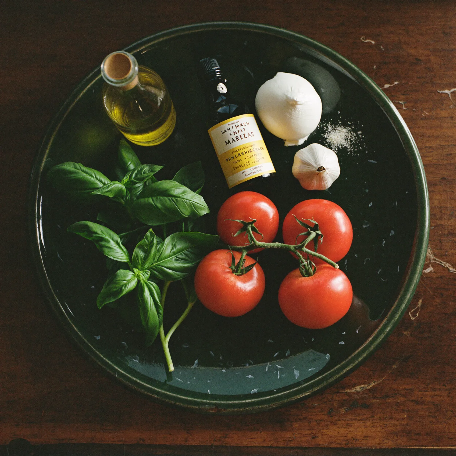 Tomaten, Basilikum und Mozzarella auf grünem Tablett (Symbolfoto)